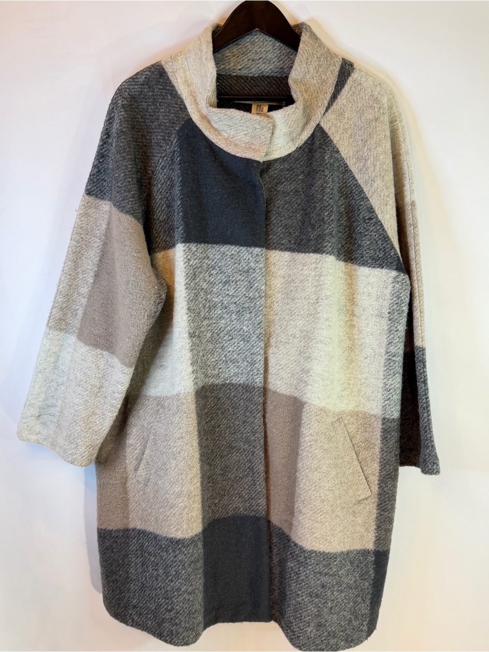Max Studio Womens 3X Wool Blend Coat Brown Cream Gray Plaid Color Block Pockets